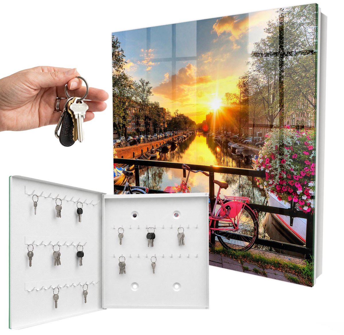 WallMuralia - Sleutelkast - 30x30x5 cm - met 50 haken - Stedelijk Westen Groot Sleutelkastje - Oranje Sleutelbox - Linksopenend - Wit interieur