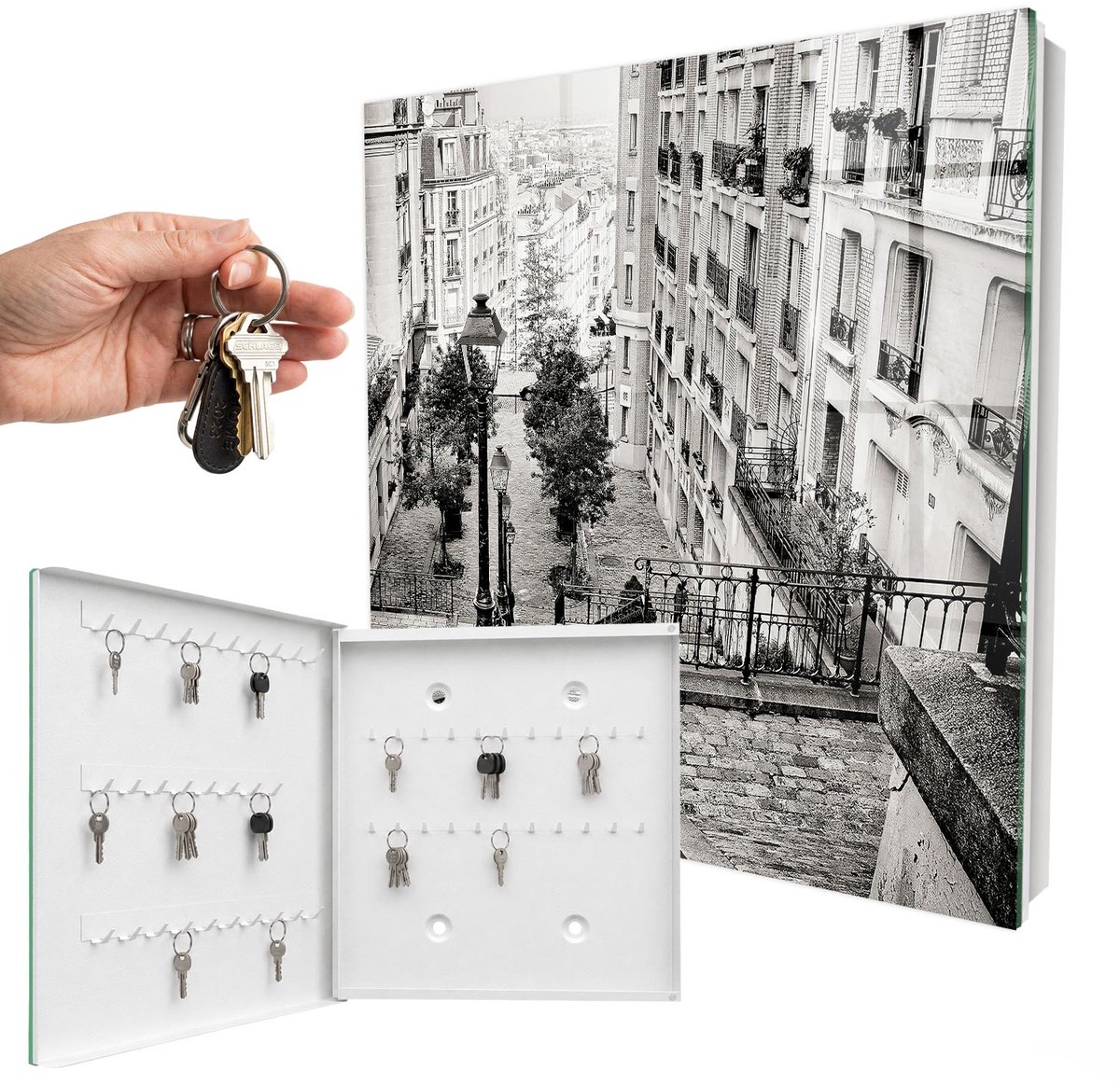 WallMuralia - Sleutelkast - 30x30x5 cm - met 50 haken - Stedelijke Charme Sleutelkastje Hal - Grijs Sleutelbox - Linksopenend - Wit interieur