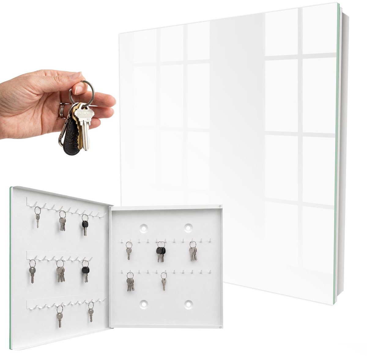 WallMuralia - Sleutelkast - 30x30x5 cm - met 50 haken - Zwart Sleutelkastje Design - Zwart Sleutelbox - Linksopenend - Wit interieur