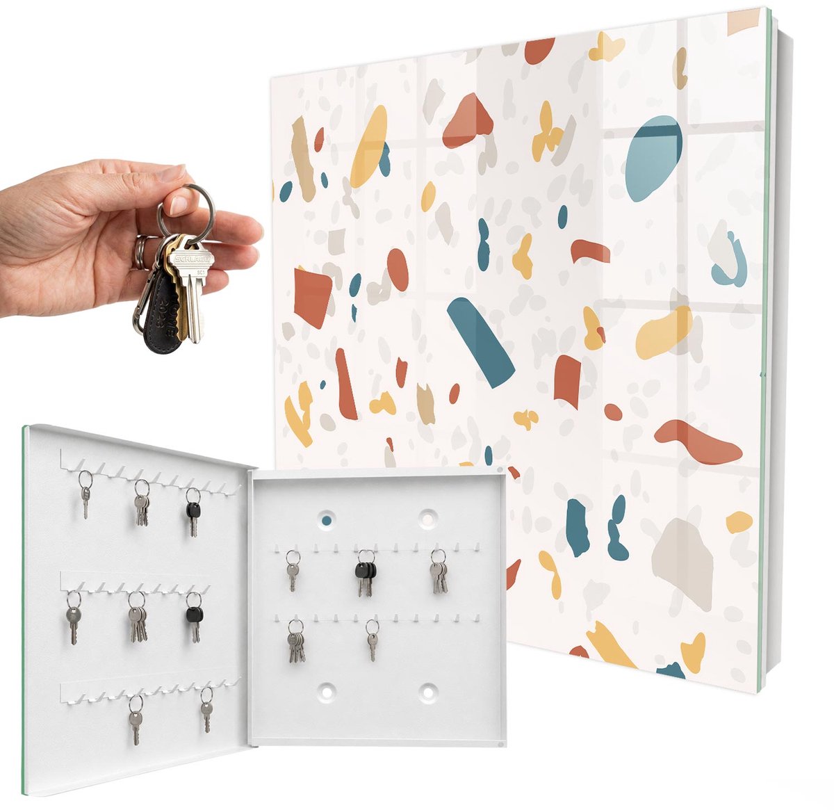 WallMuralia - Sleutelkast - 30x30x5 cm - met 50 haken - Abstracte Compositie Sleutelkastje Landelijk - Beige Sleutelbox - Linksopenend - Wit interieur