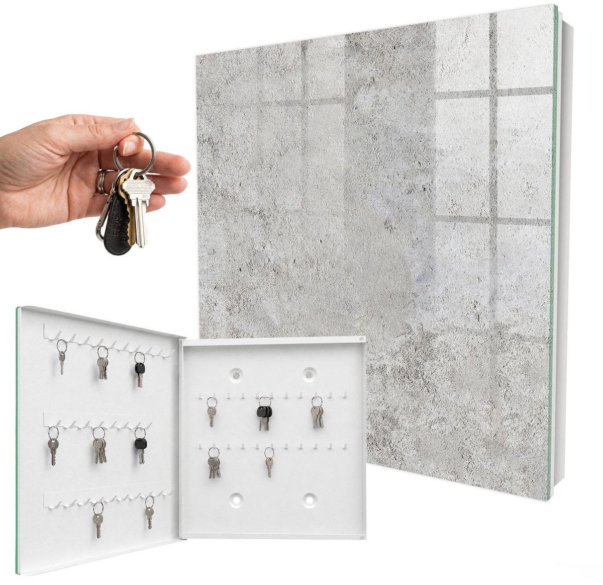 WallMuralia - Sleutelkast - 30x30x5 cm - met 50 haken - Grijs Oppervlak Leuk Sleutelkastje - Grijs Sleutelbox - Linksopenend - Wit interieur