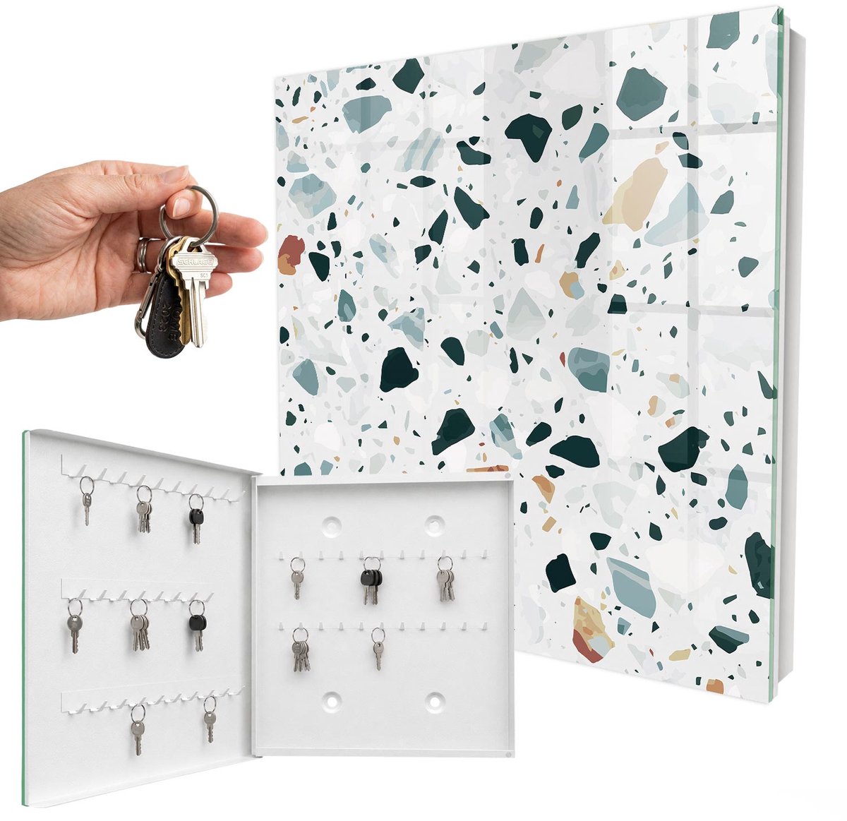 WallMuralia - Sleutelkast - 30x30x5 cm - met 50 haken - Kleurrijke Kiezelstenen Sleutelkastje Binnen - Groente Sleutelbox - Linksopenend - Wit interieur