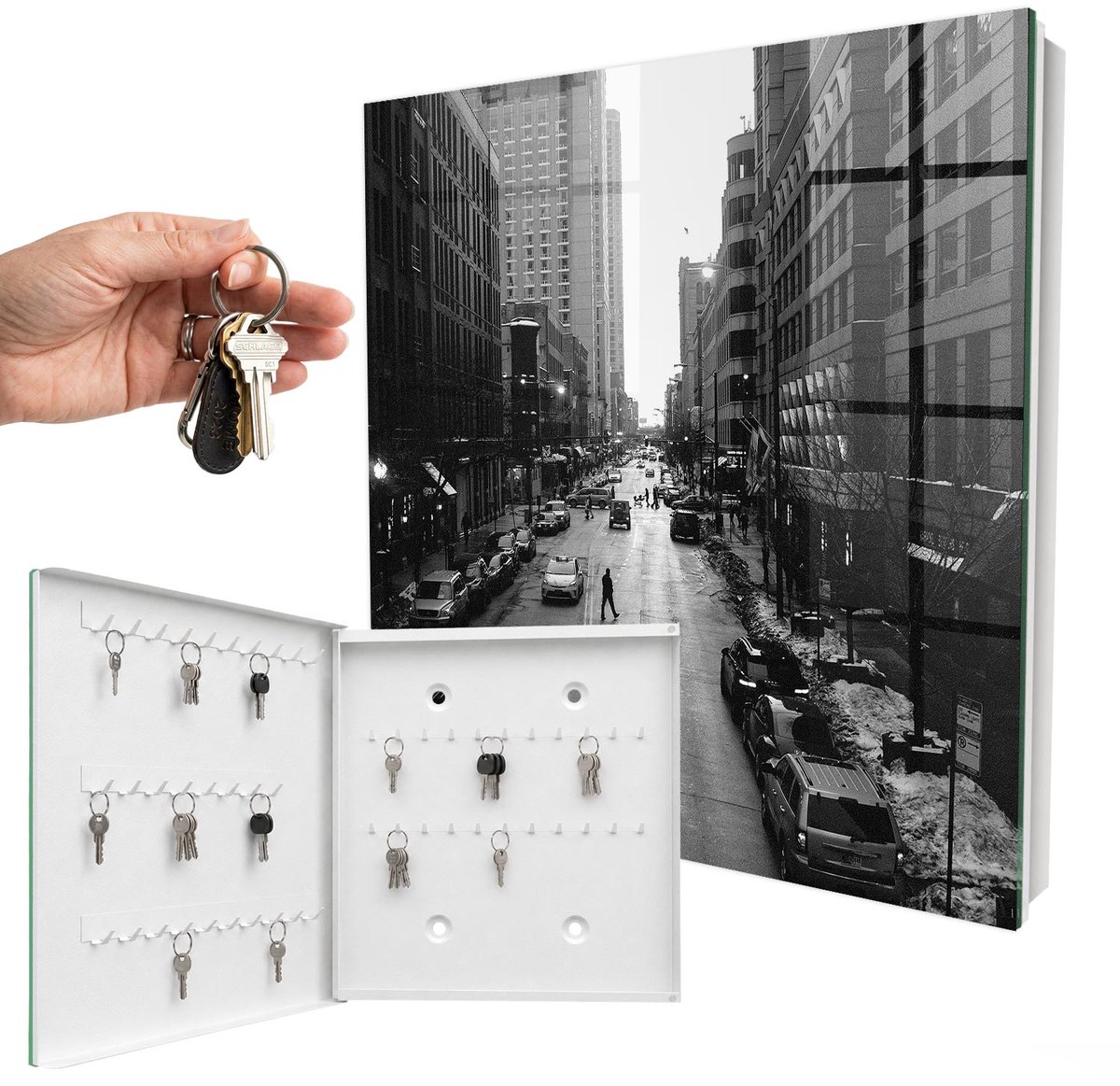 WallMuralia - Sleutelkast - 30x30x5 cm - met 50 haken - Het Dagelijks Leven In De Stad Sleutelkastje Muur - Wit Sleutelbox - Linksopenend - Wit interieur
