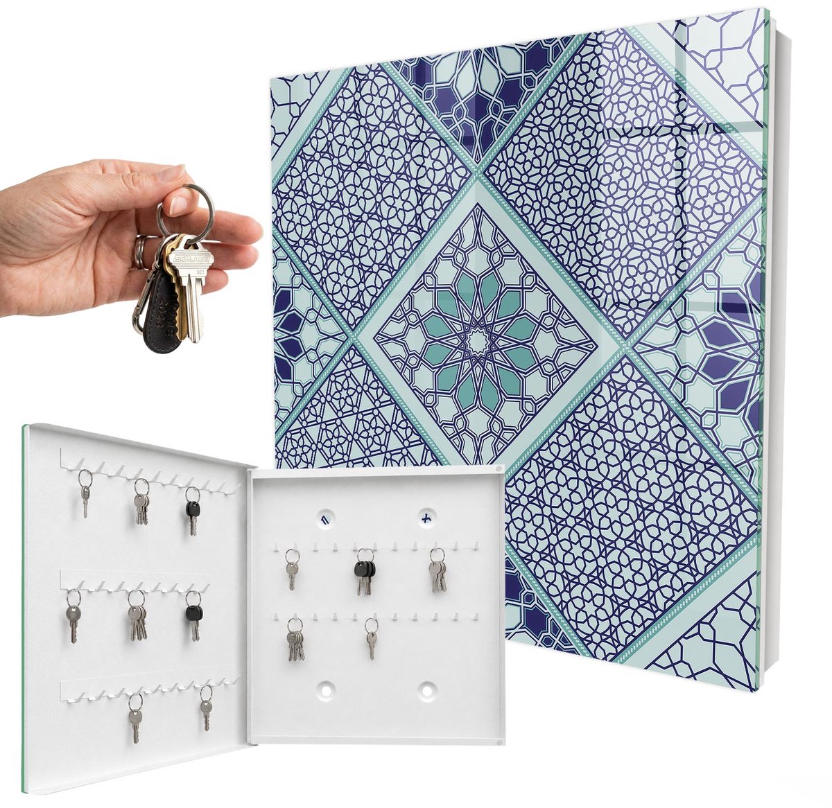 WallMuralia - Sleutelkast - 30x30x5 cm - met 50 haken - Geometrisch Patroon Sleutelkastje Huis - Blauw Sleutelbox - Linksopenend - Wit interieur
