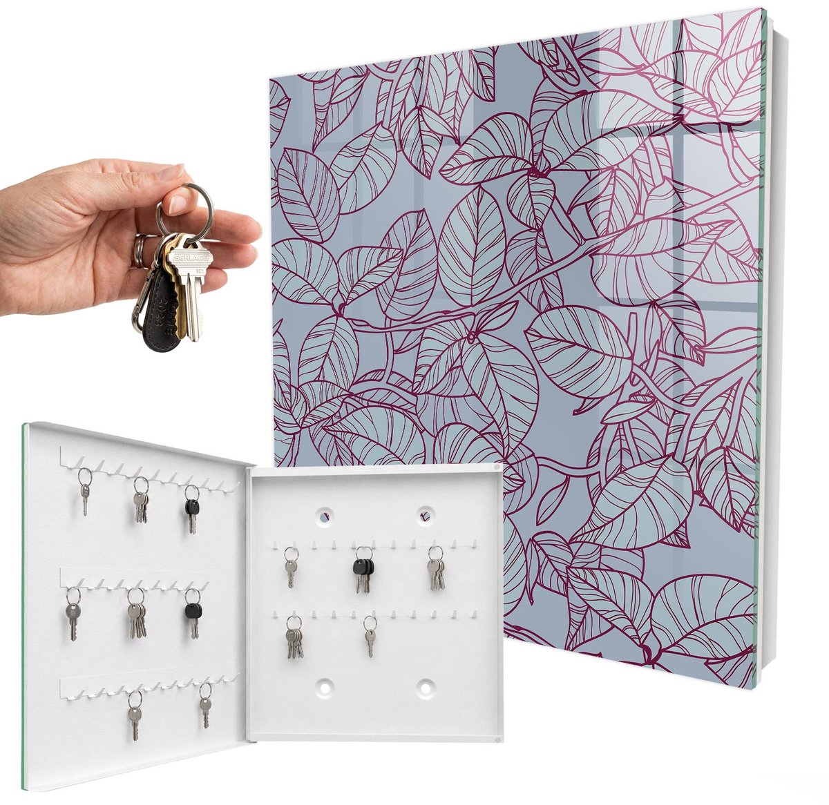 WallMuralia - Sleutelkast - 30x30x5 cm - met 50 haken - Bourgondische Bladeren Sleutelkastje Modern - Grijs Sleutelbox - Linksopenend - Wit interieur