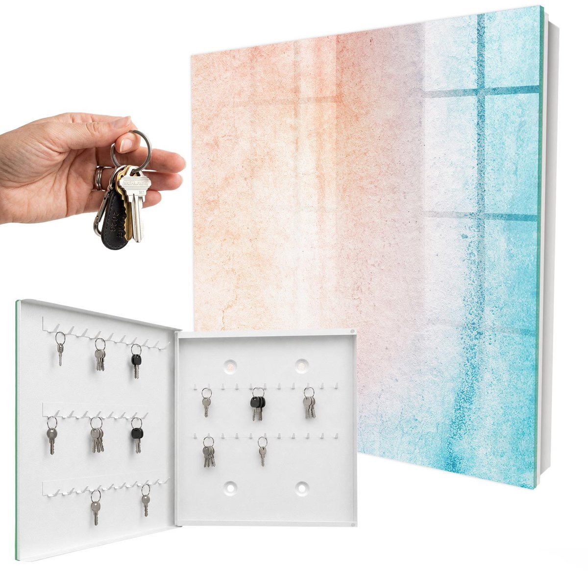 WallMuralia - Sleutelkast - 30x30x5 cm - met 50 haken - Pastelkleurige Textuur Sleutelkastje Modern - Oranje Sleutelbox - Linksopenend - Wit interieur