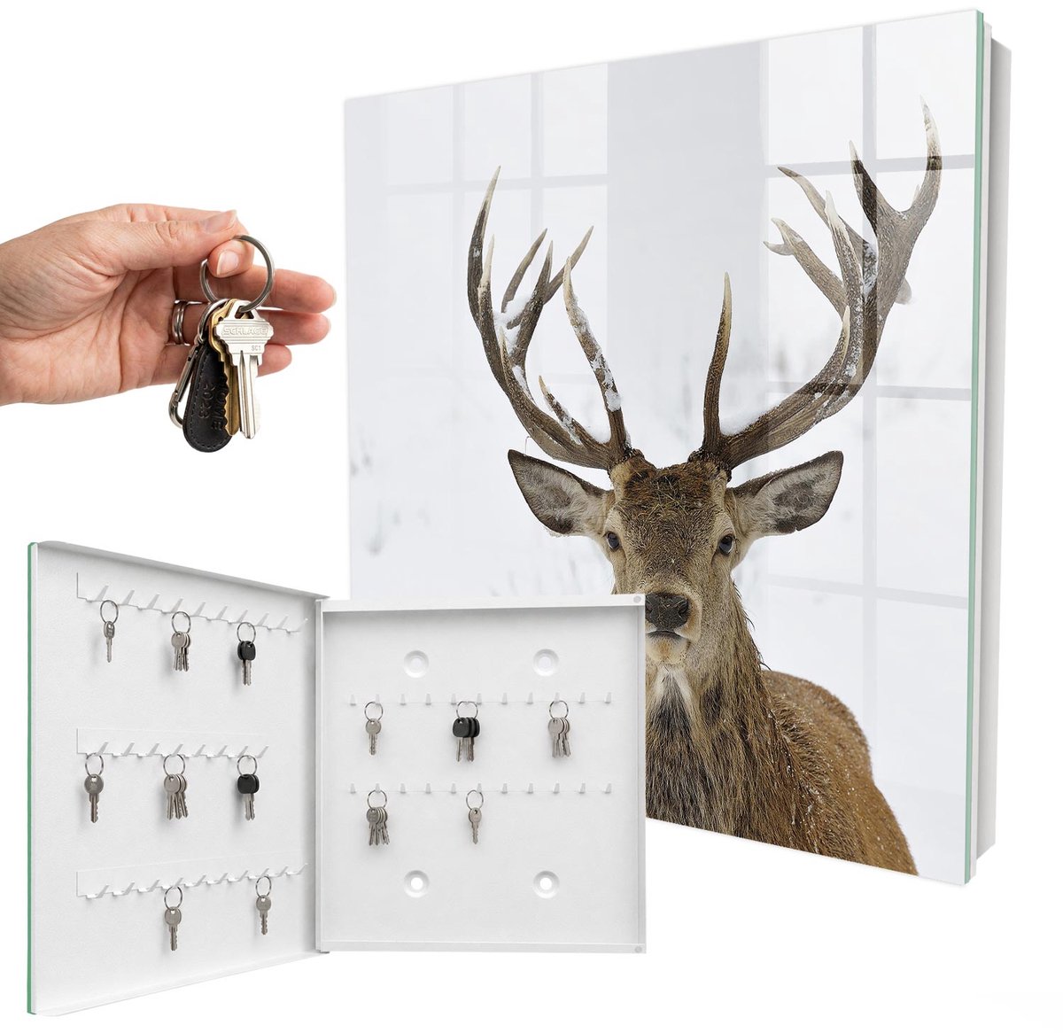 WallMuralia - Sleutelkast - 30x30x5 cm - met 50 haken - Winterhert Sleutelkastje Modern - Wit Sleutelbox - Linksopenend - Wit interieur