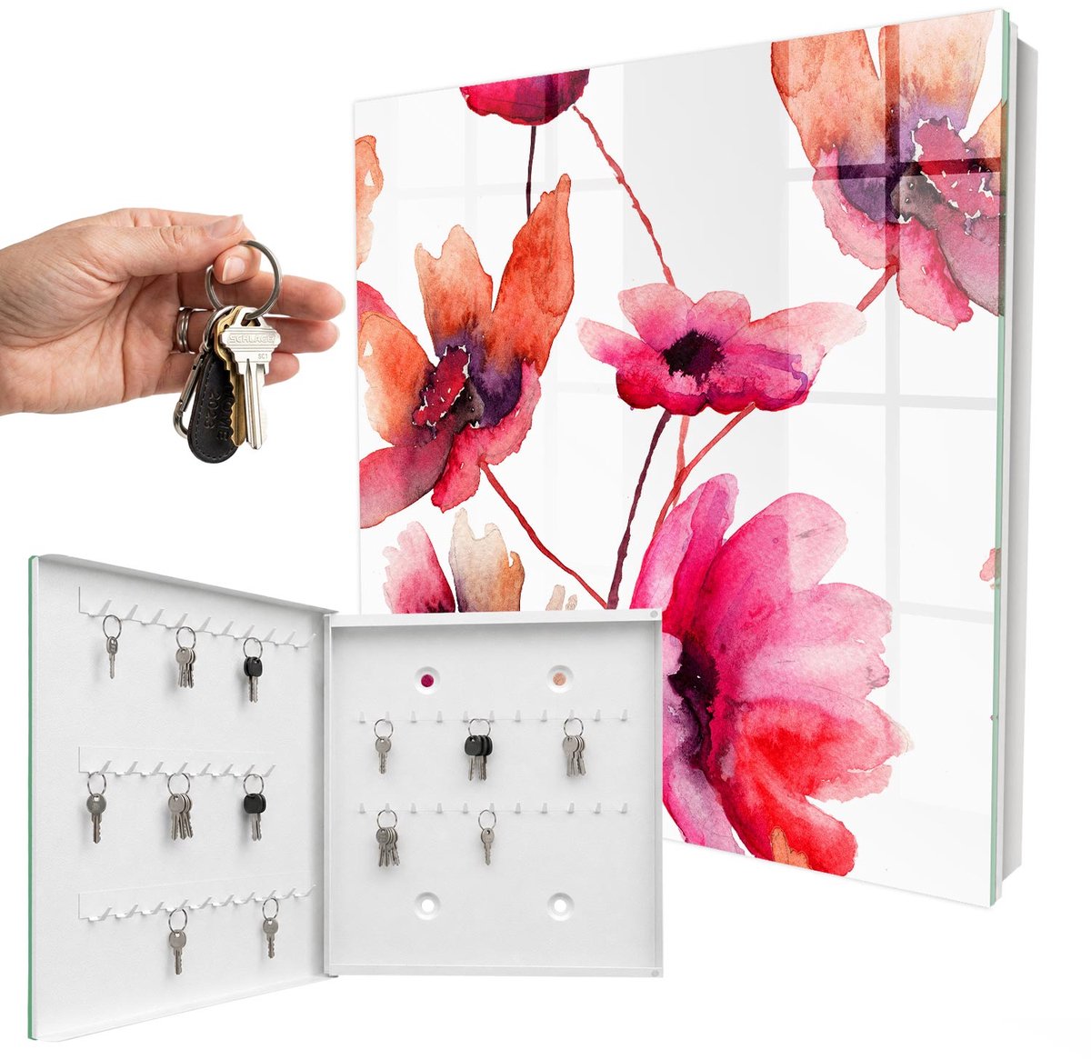WallMuralia - Sleutelkast - 30x30x5 cm - met 50 haken - Aquarel Bloemen Sleutelkastje Modern - Rood Sleutelbox - Linksopenend - Wit interieur