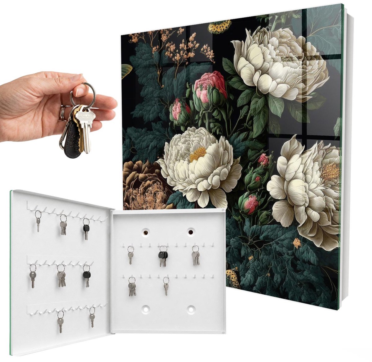 WallMuralia - Sleutelkast - 30x30x5 cm - met 50 haken - Pioenbloemen Sleutelkastje Landelijk - Groente Sleutelbox - Linksopenend - Wit interieur