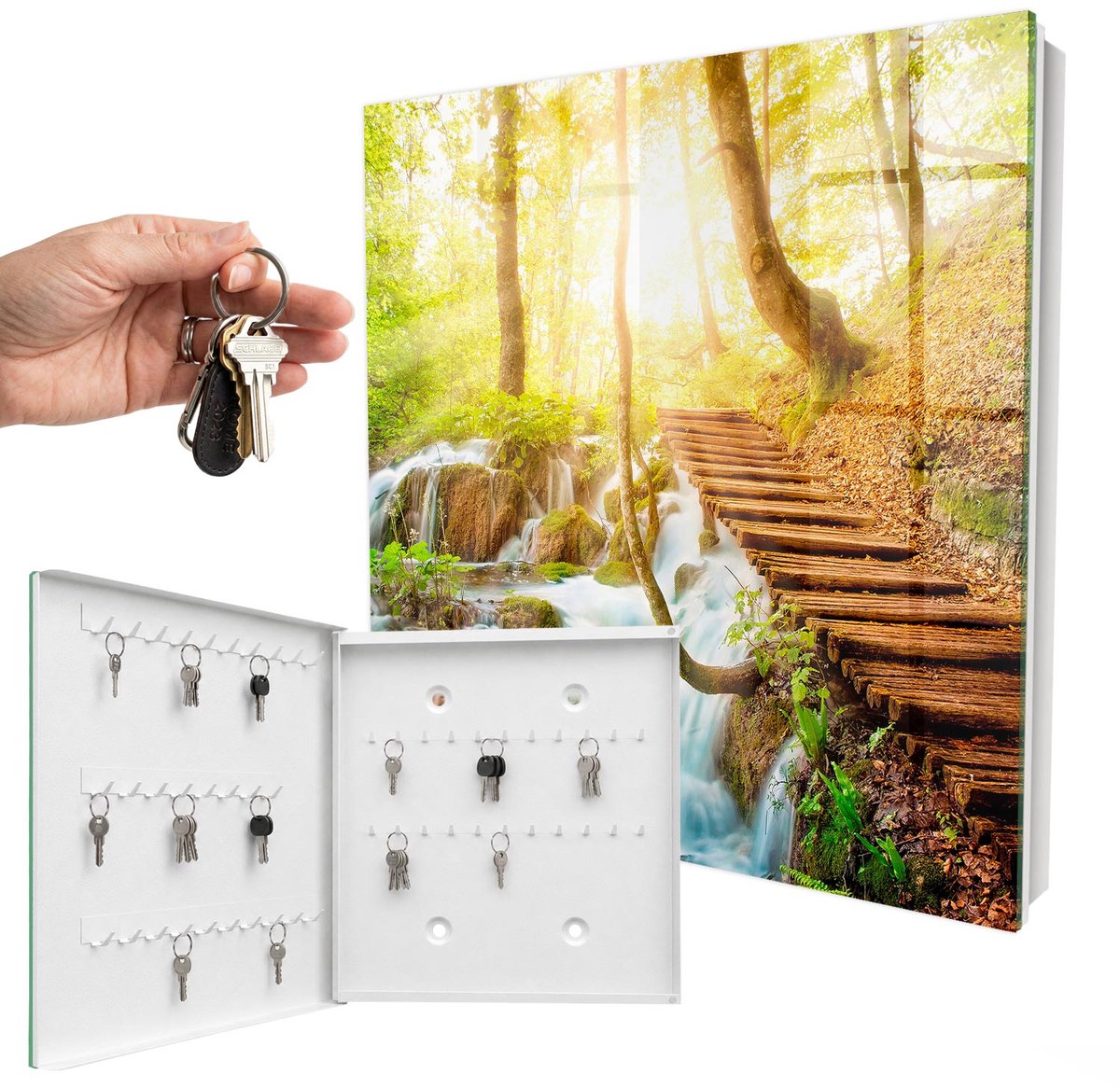 WallMuralia - Sleutelkast - 30x30x5 cm - met 50 haken - Een Boshoek Design Sleutelkastje - Groente Sleutelbox - Linksopenend - Wit interieur