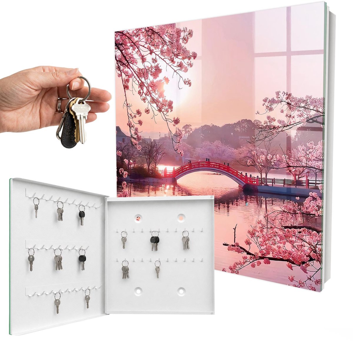 WallMuralia - Sleutelkast - 30x30x5 cm - met 50 haken - Lentebrug Sleutelkastje Binnen - Roze Sleutelbox - Linksopenend - Wit interieur
