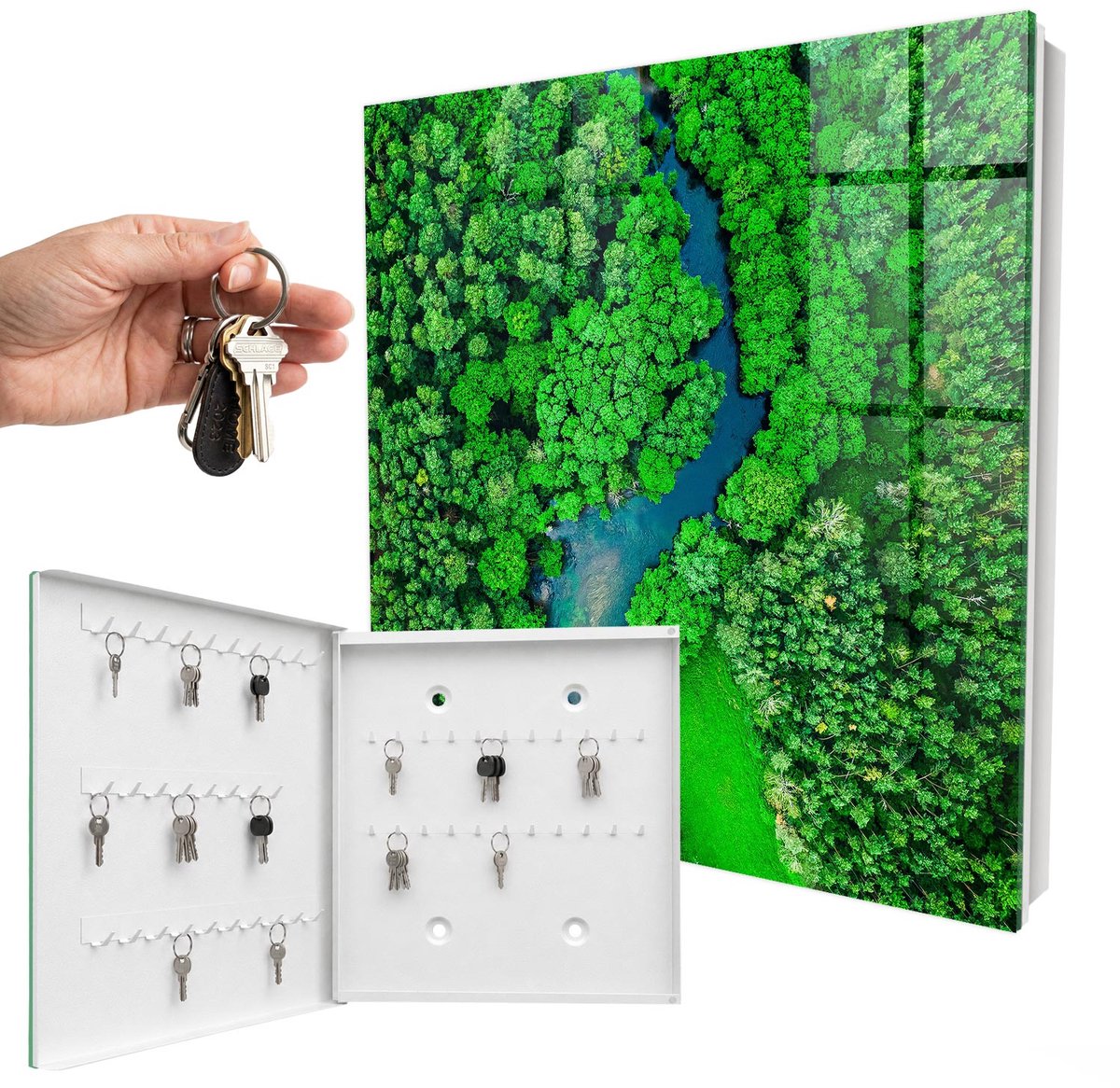 WallMuralia - Sleutelkast - 30x30x5 cm - met 50 haken - Groene Bossen Sleutelkastje Huis - Groente Sleutelbox - Linksopenend - Wit interieur