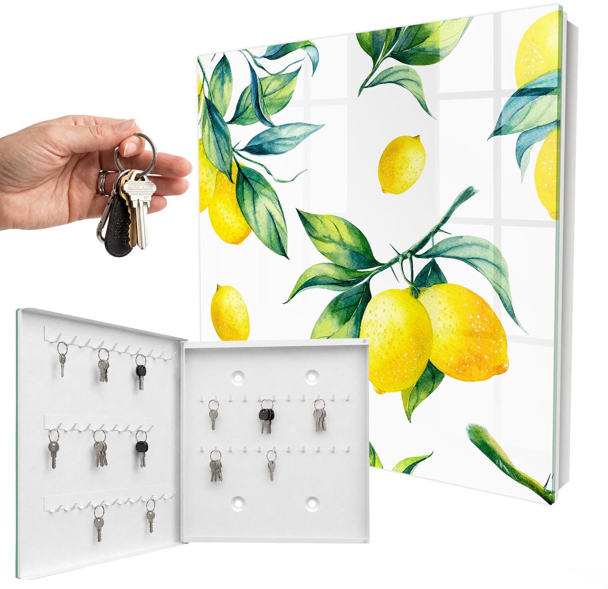 WallMuralia - Sleutelkast - 30x30x5 cm - met 50 haken - Aquarel Citroenen Sleutelkastje Hal - Geel Sleutelbox - Linksopenend - Wit interieur