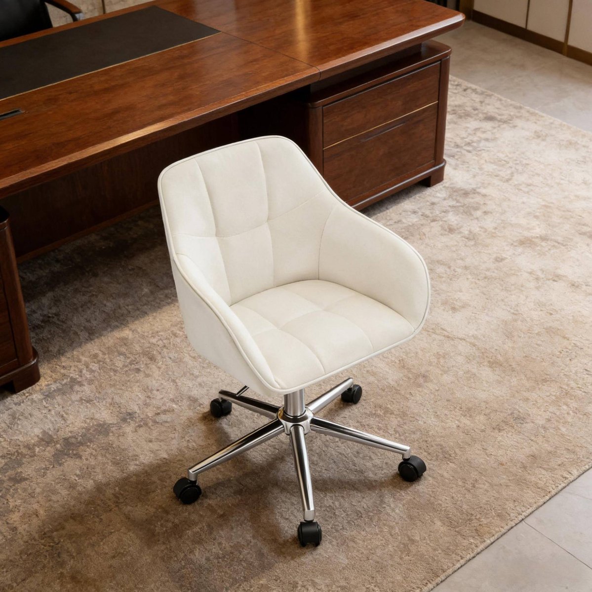 REDOM- Bureaustoel - Ergonomische rugleuning en armleuningen - In hoogte verstelbaar en 360 graden draaibaar - Met wielen - Velvet en metaal - Kantoor en thuiswerkplek - Crèmewit - 90 x 61 cm