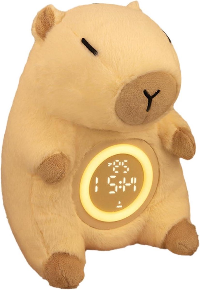 Capybara Pluche Alarmklok - Nachtlamp Klok - Wakker Worden - Traploos Dimbaar - 15x15x24cm - Bruin