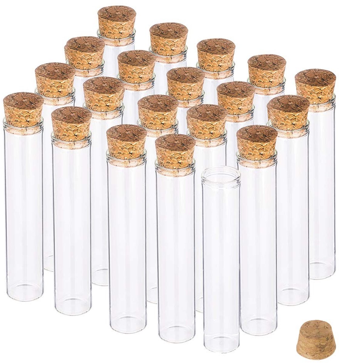 Omgoods- Reageerbuisjes 30 ml met kurkstop - Glazen mini-flesjes - 20 stuks - Voor laboratorium/feestartikelen - Perfect voor creatief gebruik - Helder en plat
