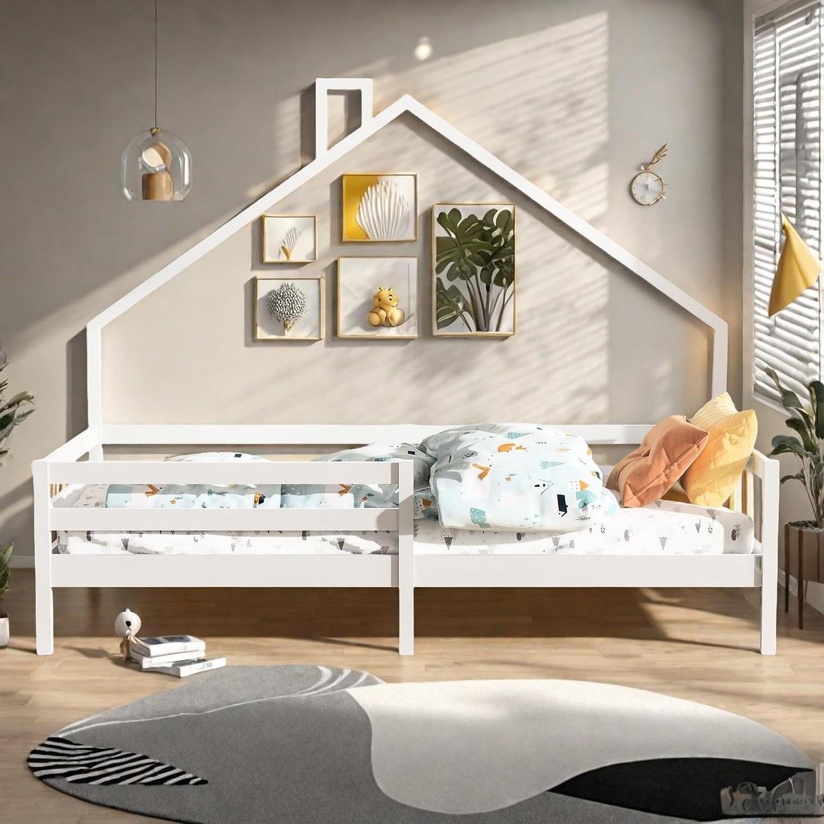 Kinderbed Huis - Jeugdbed Hout - Veilig Slapen - Met Valbescherming - 90x200 cm - Wit