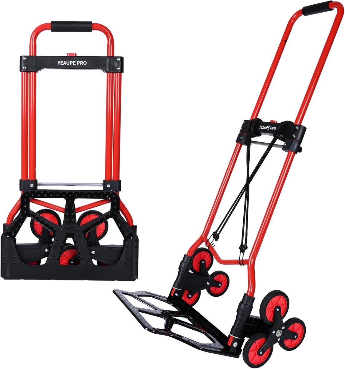 SnelShoppen - Opvouwbare trolley met trapklimfunctie - 50 kg draagvermogen - In hoogte verstelbaar - Rood - Drie wielen met elastische touwen en schui
