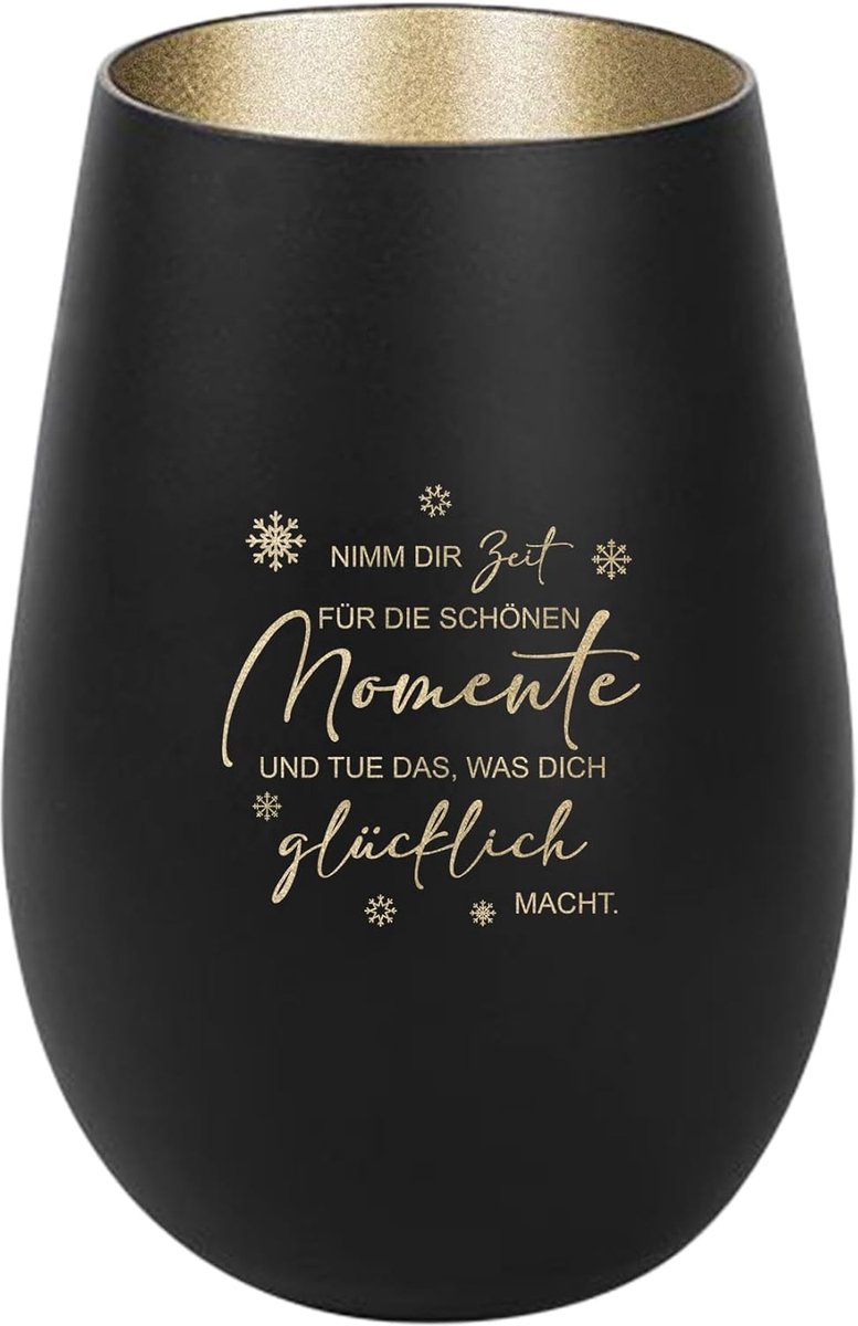 SnelShoppen - Windlicht met Gravure Neem de Tijd voor Mooie Momenten Zwart Goud Theelichthouder Glas met Tekst, Moderne Tafeldecoratie voor Feest, Tui