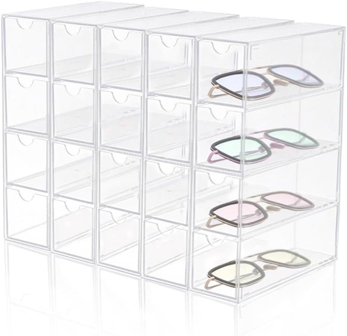 SnelShoppen - Set van 5 Acryl Zonnebril Organisers met 20 Lades, Stapelbare Acryl Opbergdoos voor Zonnebrillen, Stofdichte Brilopslag, Display Case vo