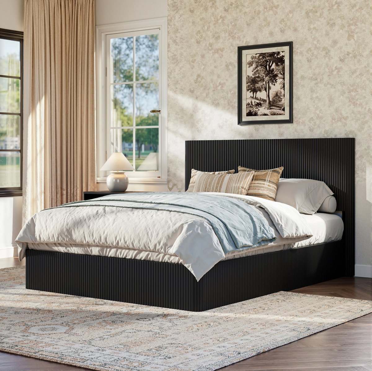 REDOM - Bedframe met opbergruimte - Hydraulisch lift-systeem - Rillenoptiek - Moderne stijl - Slaapkamer - MDF en metaal - Zwart - 160 x 200 cm