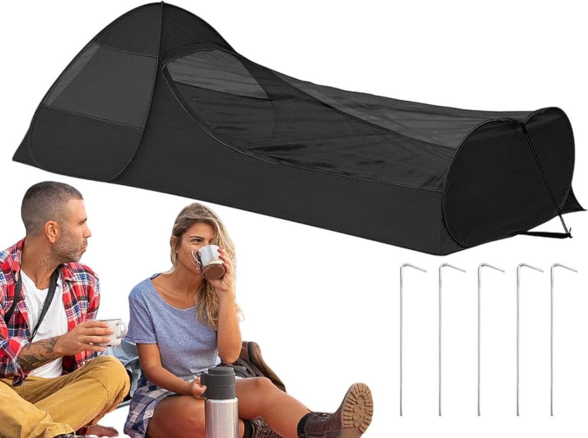 Pop-up Eenpersoonsbed - Kampeertent Bed Luifel - Direct Kamperen - Dubbele Rits Toegang - 220x105x75cm - Zwart