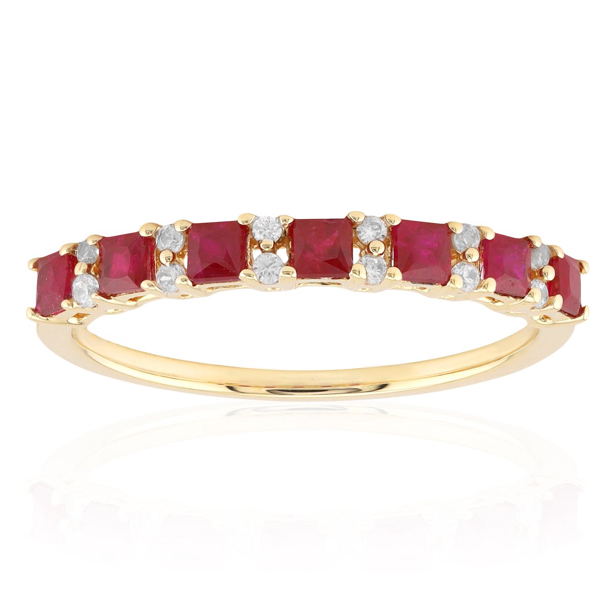 Cavill - 9-Karaats Gele Gouden Ring met 7 Princess Geslepen Mozambique Robijnen en 12 Zirkonia - Elegante Tijdloze Sieraden