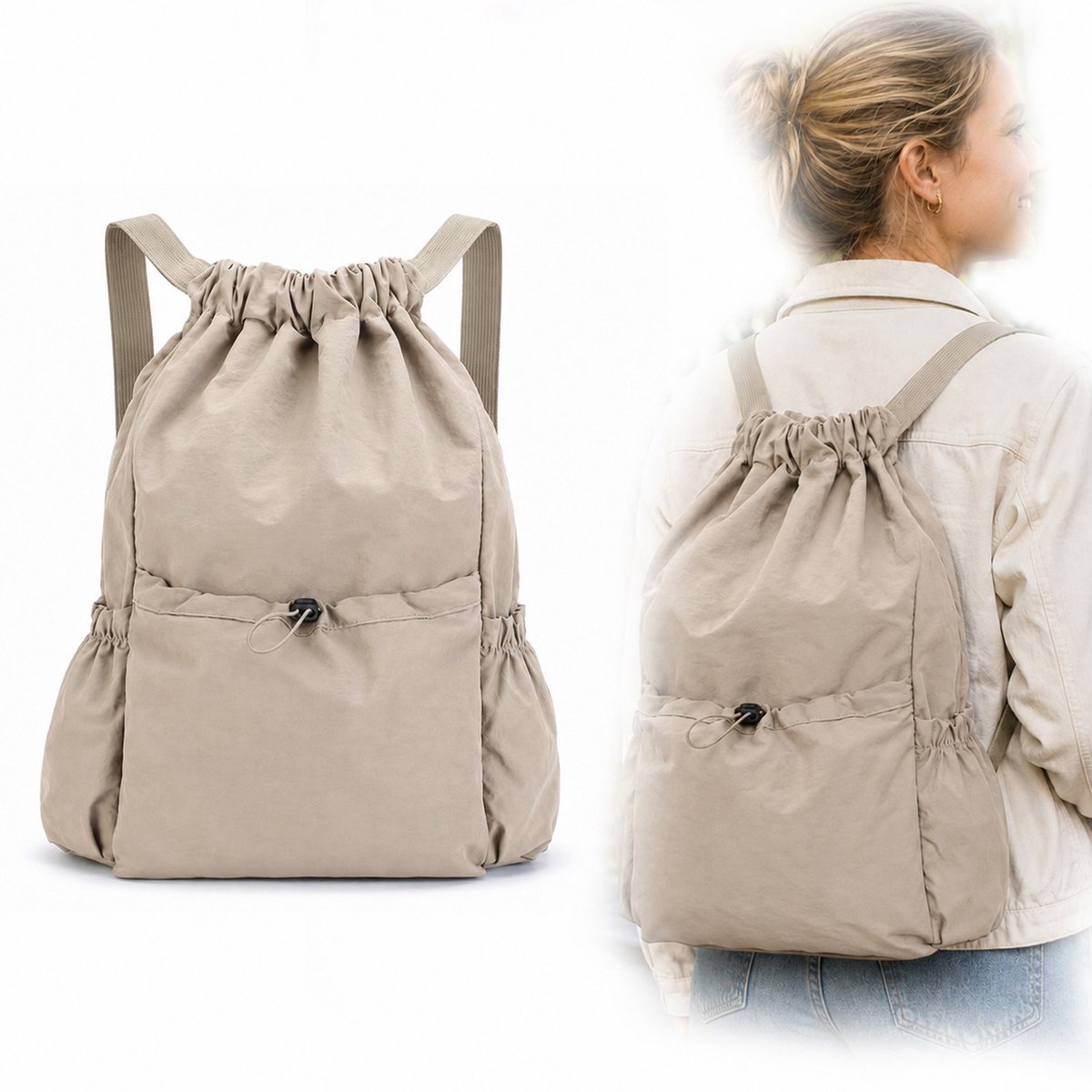 Ulisem - Gymtas met Trekkoord – Opvouwbare Rugzak 20L – Lichtgewicht Cinch Bag – Waterafstotende Sporttas – Dagrugzak voor Reizen, Winkelen, Fitness & Outdoor – Gebroken wit