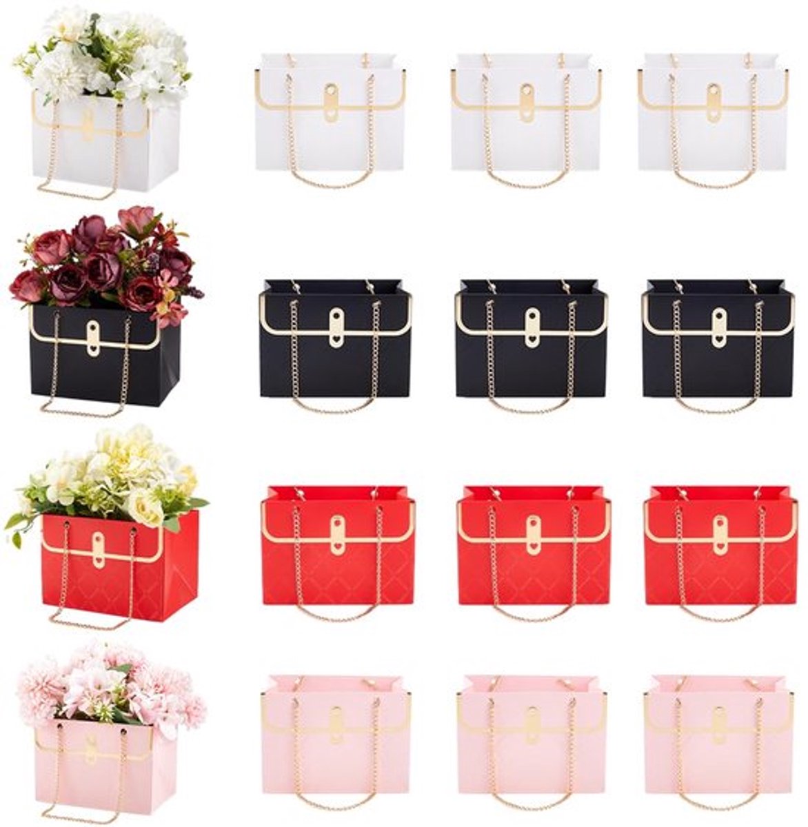 12 Stuks 4 Kleuren Bloem Papier Geschenkdozen Boeket Handtas Doos Opslag Emmer Rechthoekige Wikkelmand met Metalen Ketting Bloemist Benodigdheden voor Bloemen Verpakking Verjaardag Bruiloft