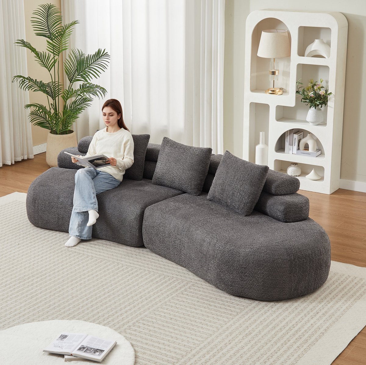 FloraGrace Bank - 2-Zits Modulaire Chenille Bank - Zacht Rond Design Zonder Armleuningen - Voor Woonkamer - Grijs