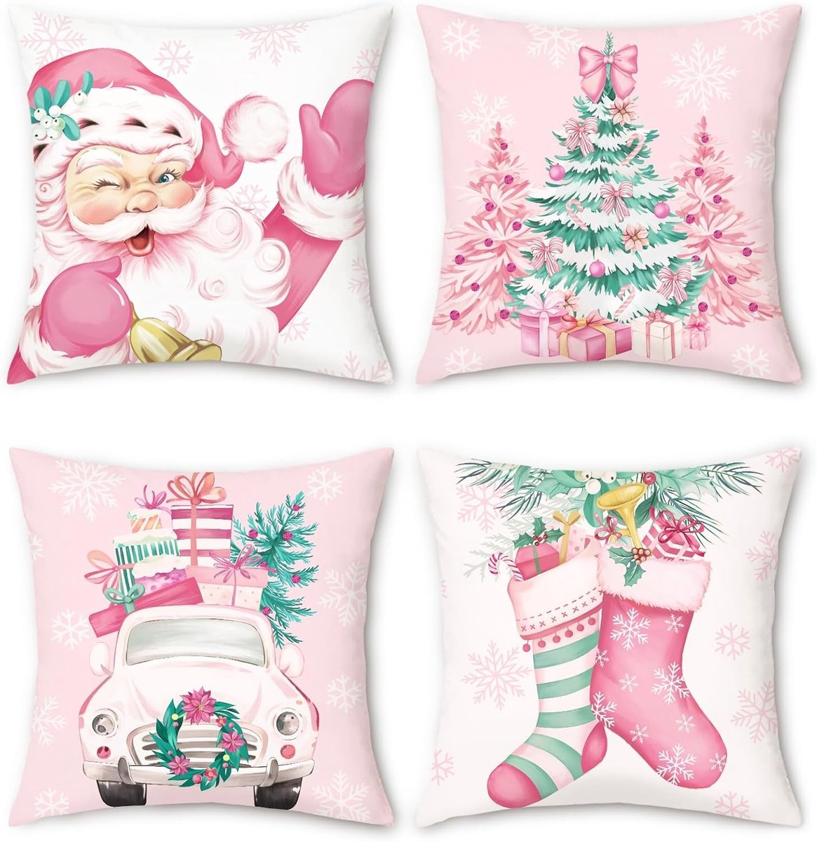 Kerst Kussenhoezen met Santa Claus en Kerstboom Motief, Zachte Velours Decoratieve Kussens voor Bank en Bed, Set van 4 - 45 x 45 cm