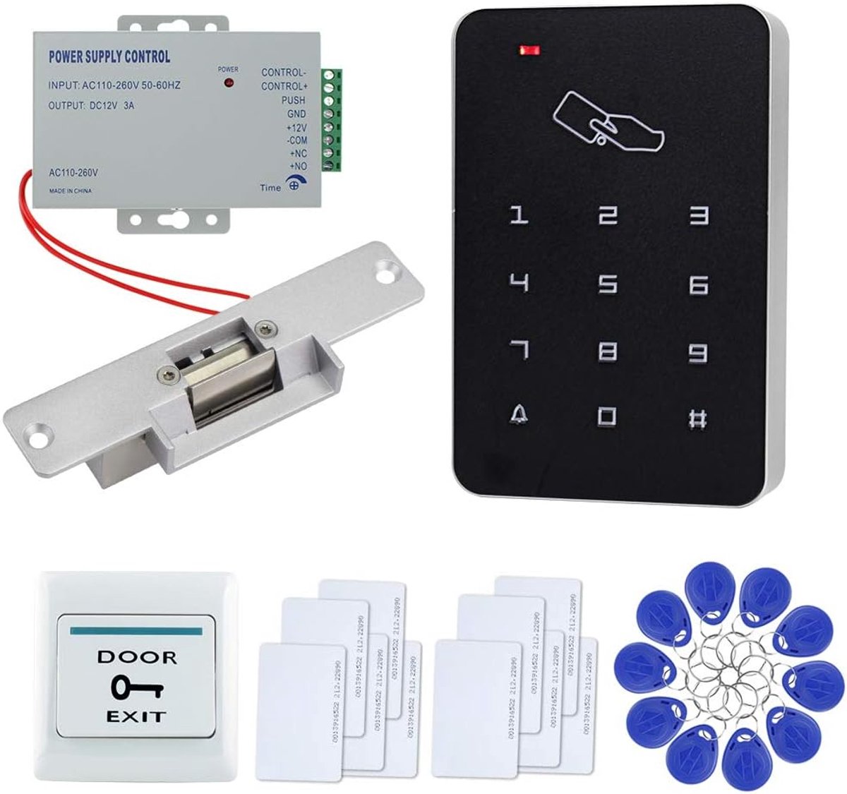 SnelShoppen - RFID Full Door Toegangscontrolesysteem Thuisbeveiligingskit met 125KHz Toetsenbord + Elektrische Slot + Voeding + Uitgangsbutton + 10 Ke