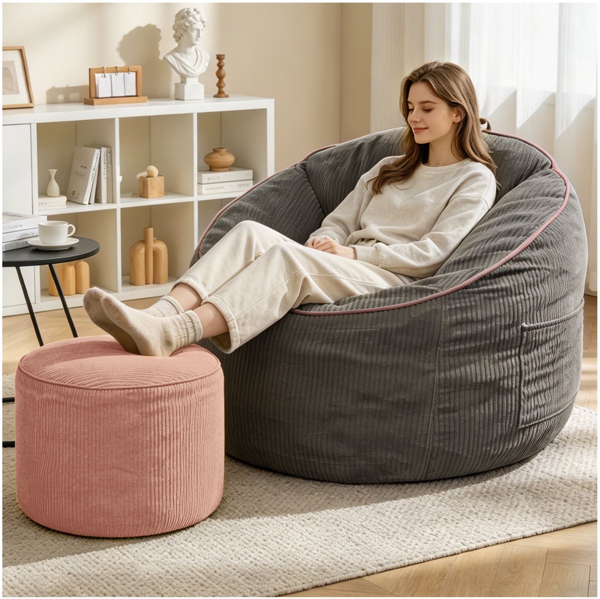 COVREO Zitzak met poef 103 x 95 x 80 cm grijs, stof met opbergvak