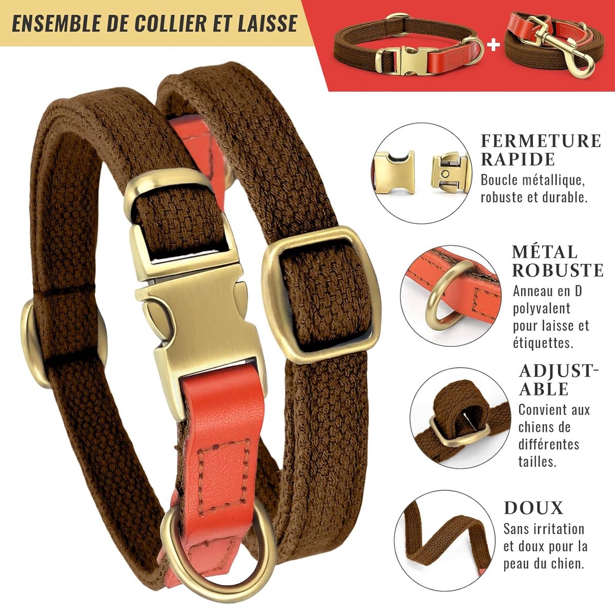 SnelShoppen - Hondenhalsband en Leash Set voor Honden, Verstelbare Hondenhalsband voor Kleine, Middelgrote en Grote Honden, Bruin, M - Robuust en Adem