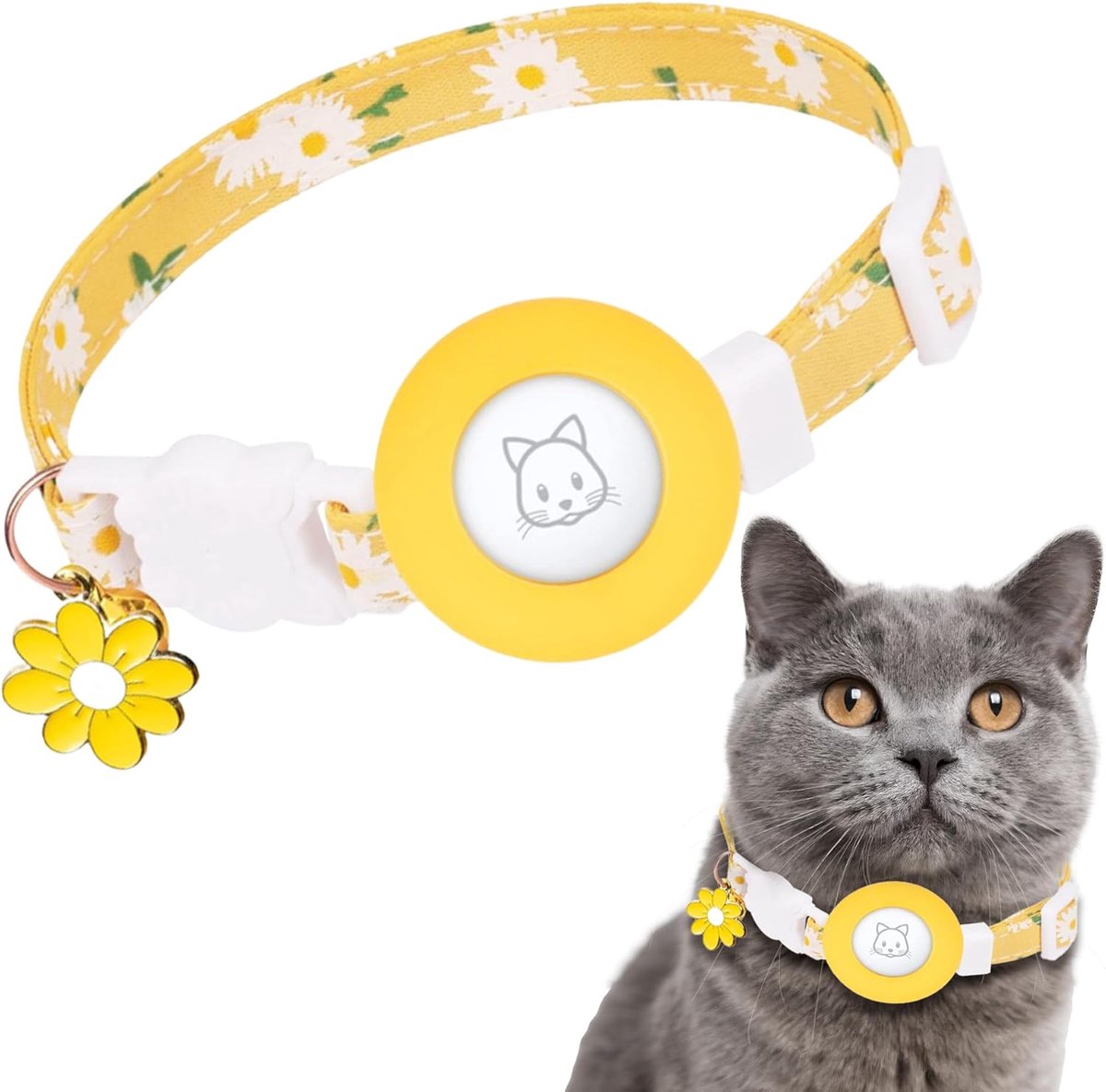 SnelShoppen - Kattenhalsband met Bel en AirTag Houder - Zachte Katoenen Afneembare Halsband voor Binnen/Buiten Katten, Verstelbare Nek 7-11.8" (Geel)