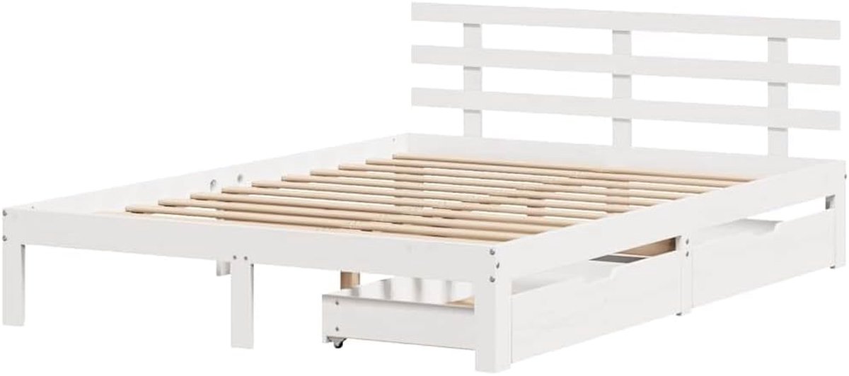 Bedframe met lades - Houten bed Opbergbed - Rustgevend slapen - Massief grenenhout - 150x200 cm - Wit