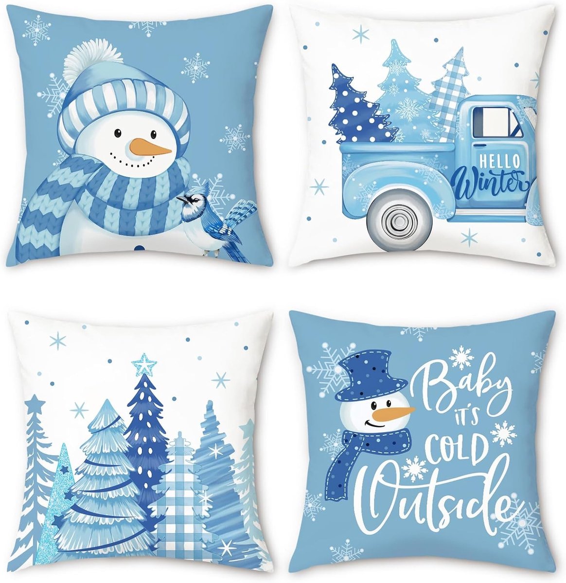 Winter Kussenhoezen 45 x 45 cm met Sneeuwman, Kerstbomen en Sneeuwvlokken - Decoratieve Kussenhoezen voor Bank, Bed en Patio - Set van 4 voor de Feestdagen