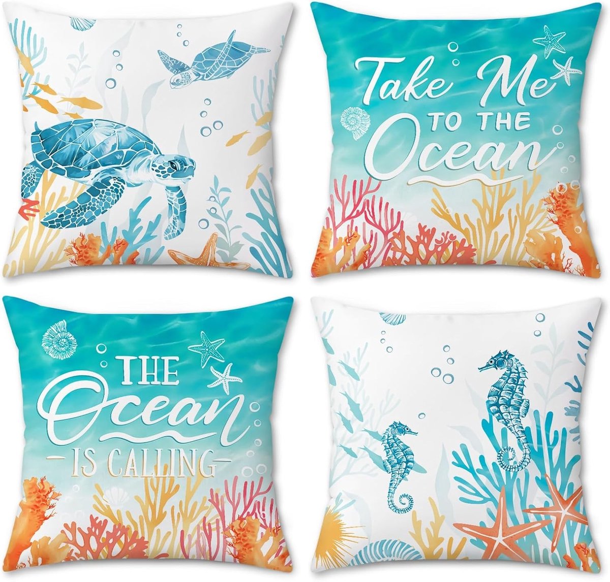 Zachte ocean beach kussenhoezen 45 x 45 cm in koraal en turquoise, set van 4 voor sofa, slaapkamer en auto, perfect voor zomerdecoratie
