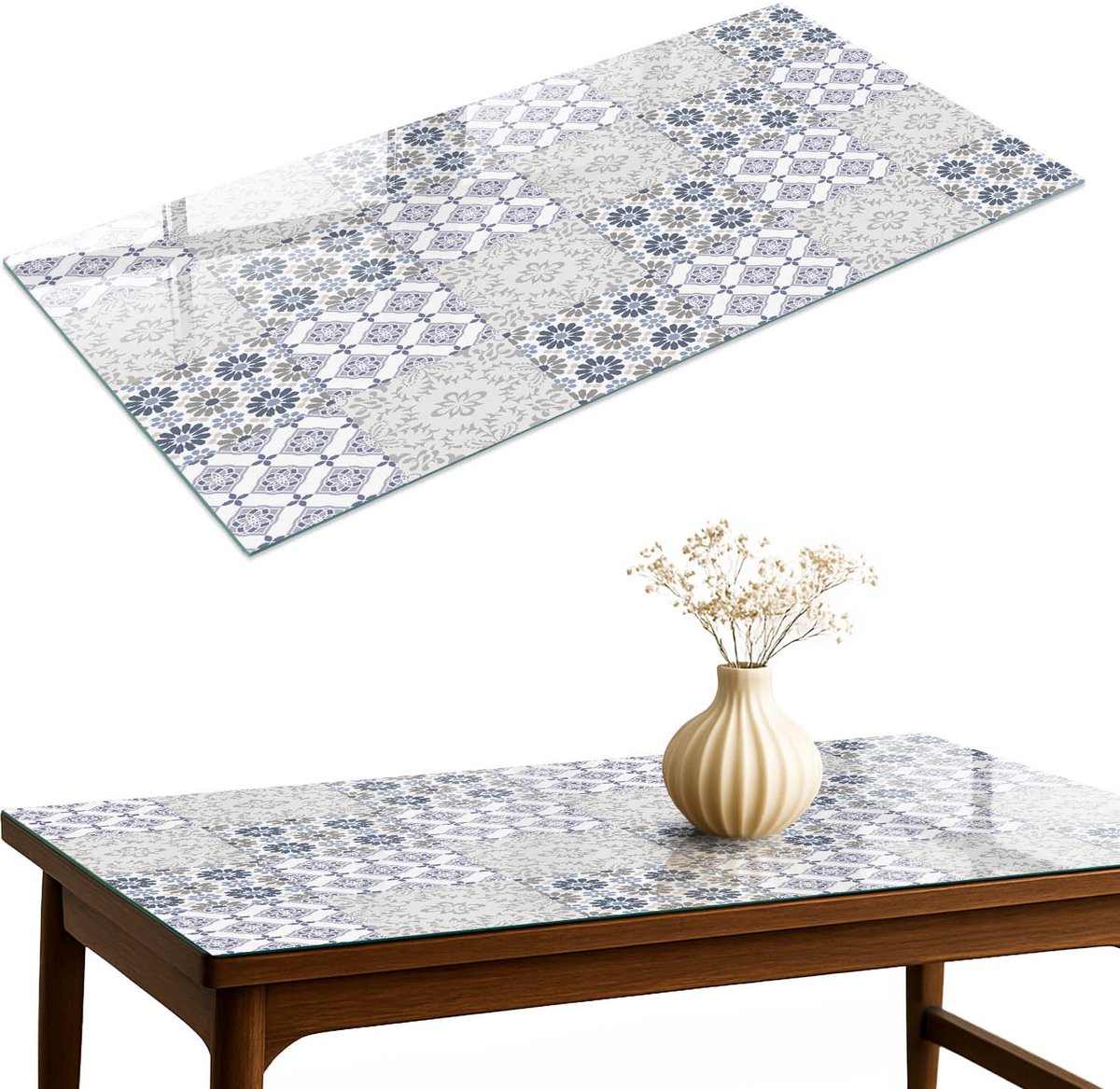 ArtPrintCave Bloemsymmetrie Glazen Tafelblad 120x60 cm - Tafelblad Rechthoek - Grijs Terrastafel - Achtergronden en patronen Keukentafel
