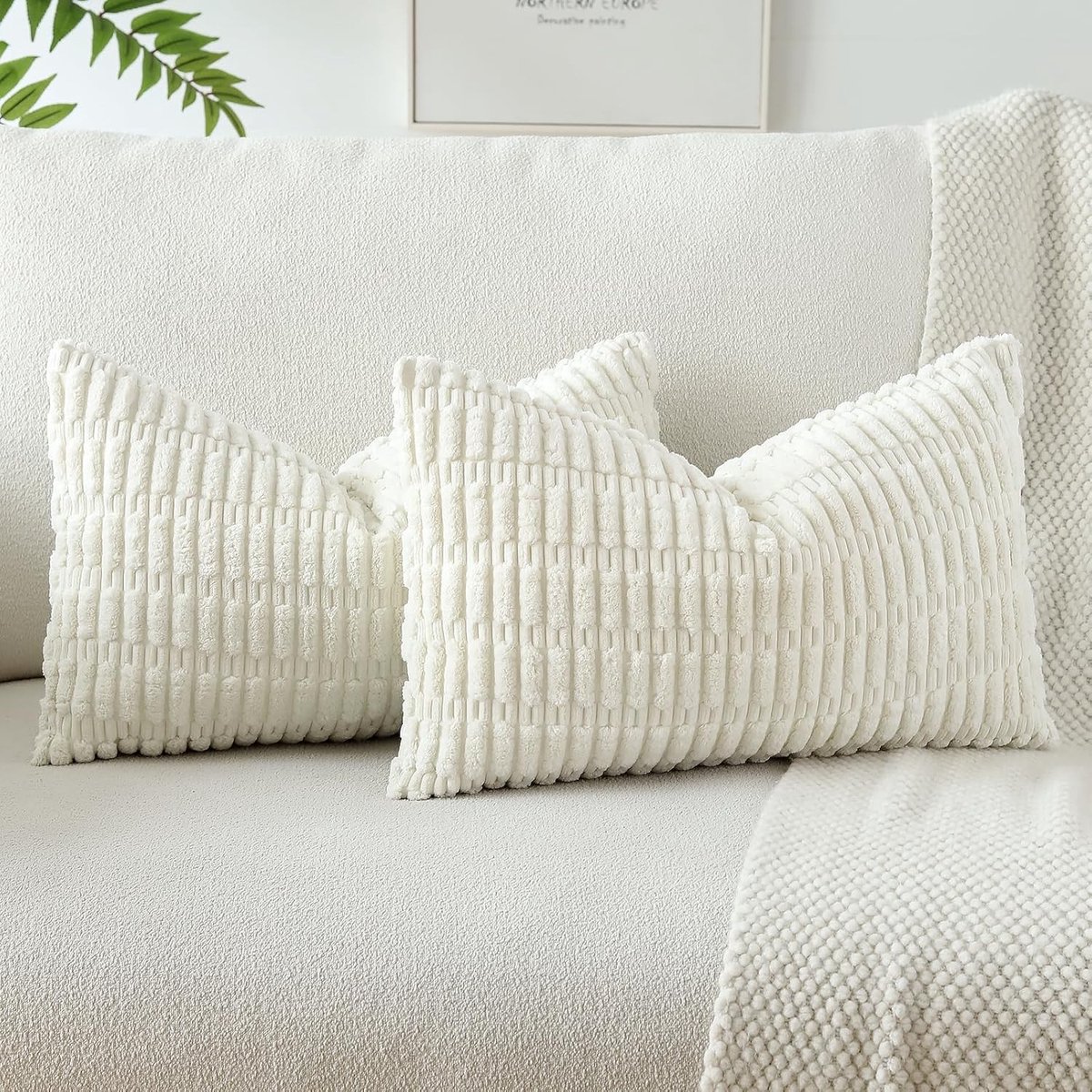 Zachte Gestreepte Corduroy Kussenhoezen 40x60cm Boho Decoratieve Kussenslopen voor Bank en Slaapkamer Set van 2 (Crème Wit)