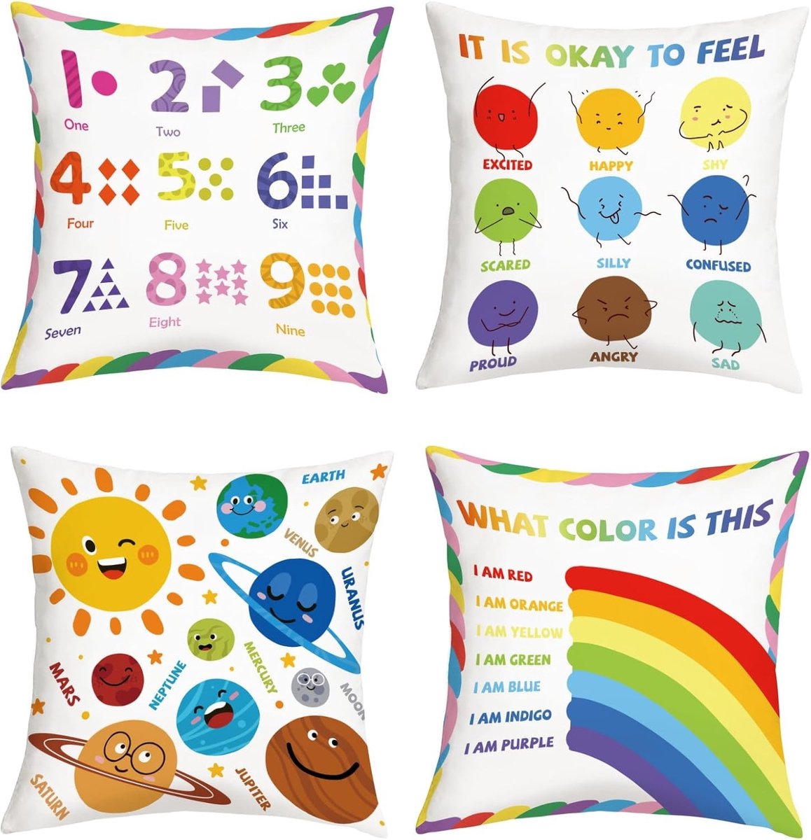 Kussenslopen voor Kinderen - Leuke Decoratie voor Leeskamer met Positieve Affirmaties, Regenboog en Planeet Motieven - Set van 4 Stuks 45 x 45 cm