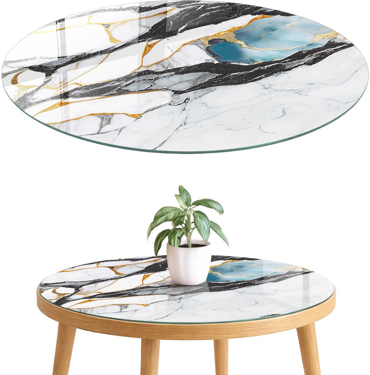 ArtPrintCave Luxueus marmer Glazen Tafelblad fi70 cm - Tafelblad Rond - Zwart Keukentafel - Abstractie Tafelblad Glas
