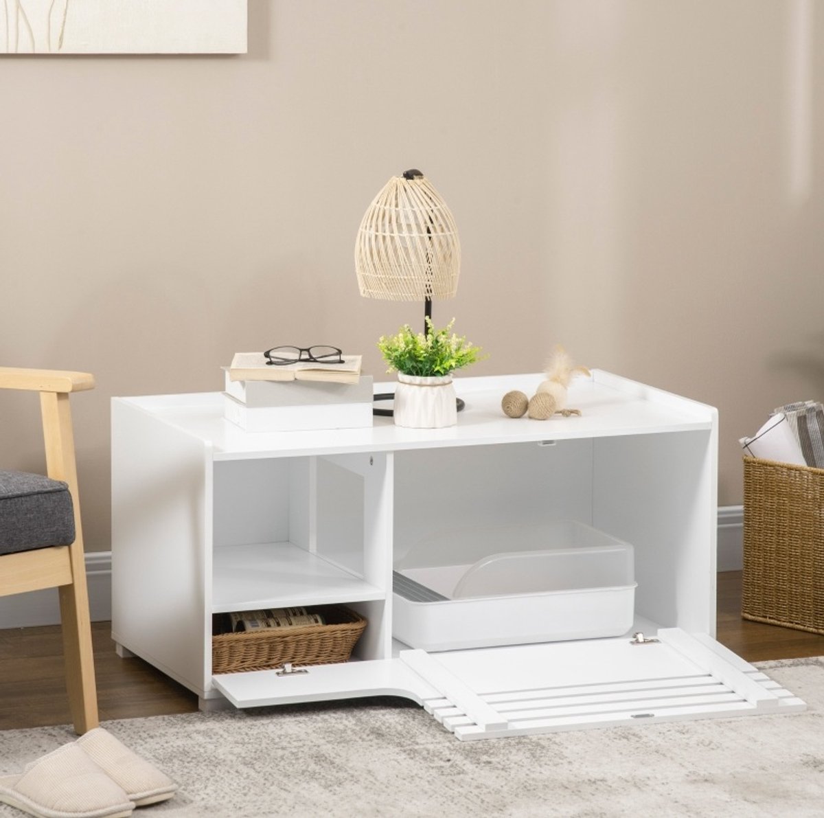 REDOM - Kattenkast - 2-in-1 ontwerp met magnetische deur en 2 planken - Opbergmeubel en kattenhuis - Hout - Wit - 90 x 48 x 43,5 cm