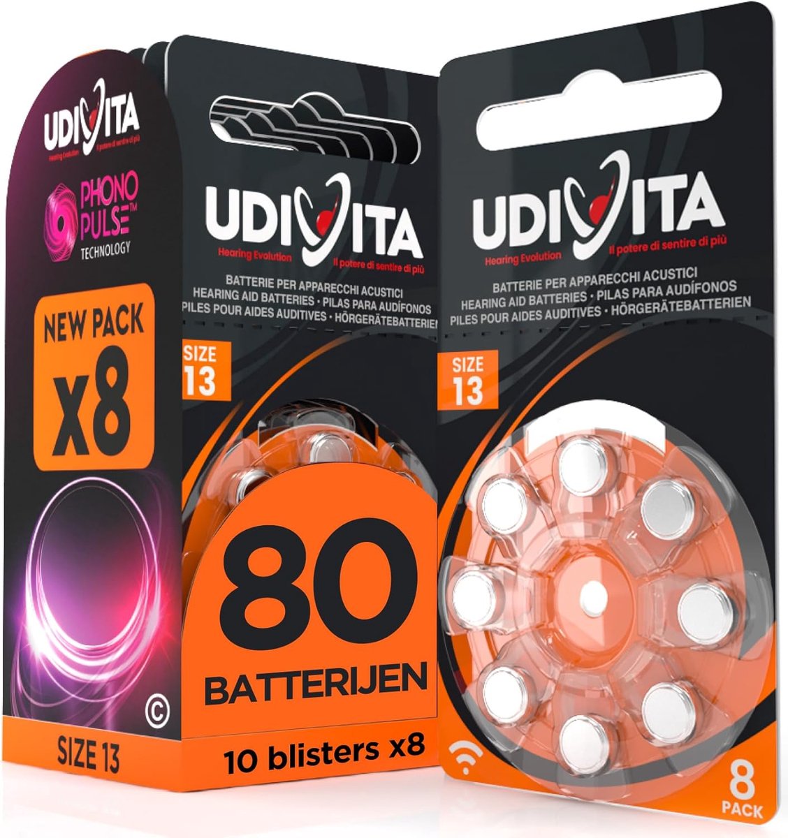 SnelShoppen - 80 Gehoorapparaat Batterijen Udivita PR48 Maat 13 Oranje met Geluid Fusion Technologie - 10 Blisters van 8 Batterijen - Levensduur & Kwa