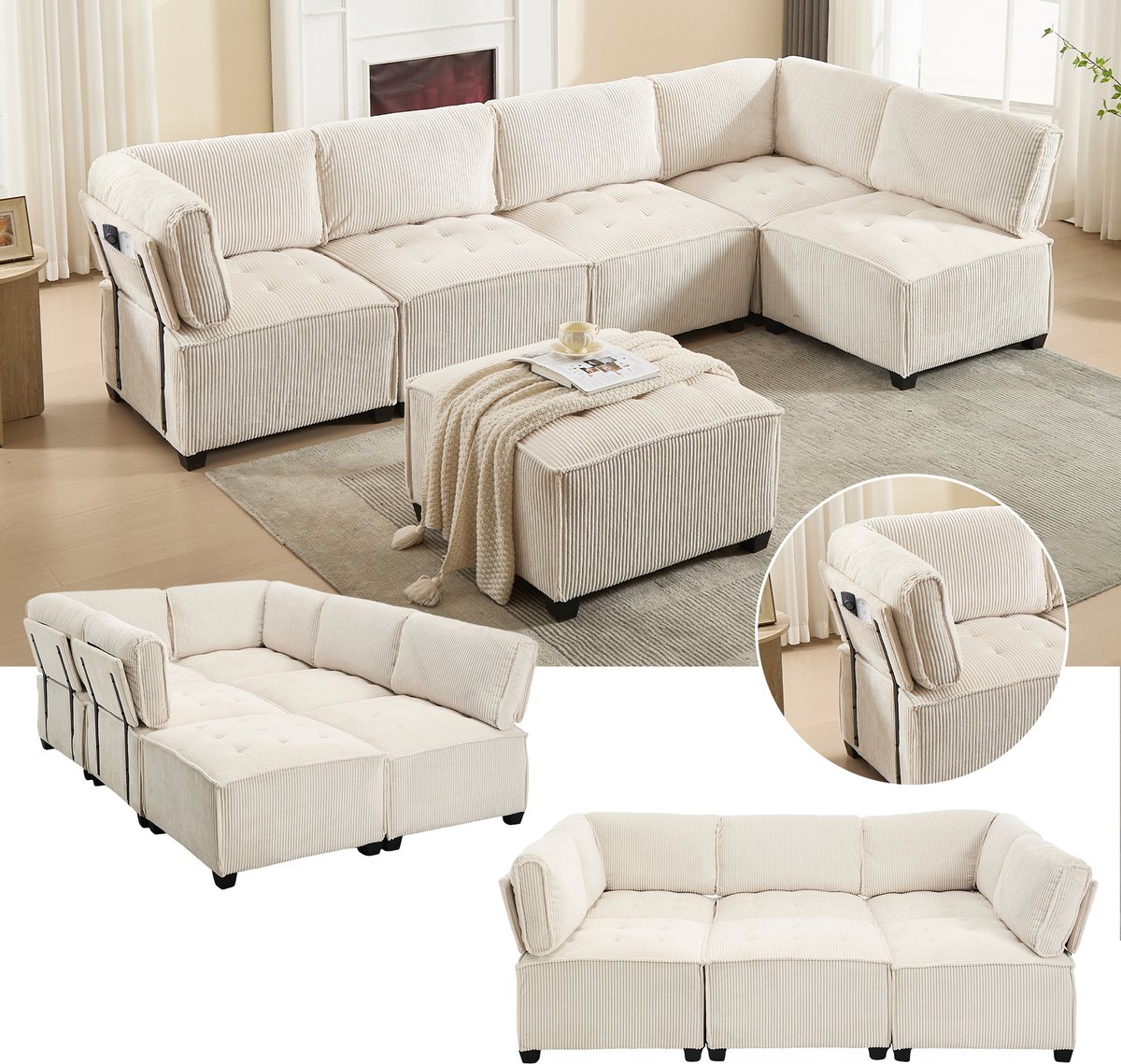 Modulaire Hoekbank - Beige Corduroy Bank 6 Zitplaatsen U-Vorm L-Vorm Slaapbank