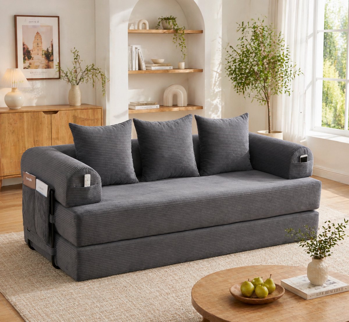 Modulaire 3 Zits Bank - Corduroy Lounge Sofa - Metalen Frame - Ruimtebesparend - Donkergrijs