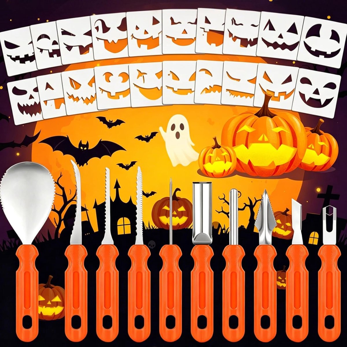 Pumpkin Carving Set - 10 Roestvrijstalen Messen & 20 PVC Sjablonen - DIY Pompoensnijset voor Volwassenen & Gezi