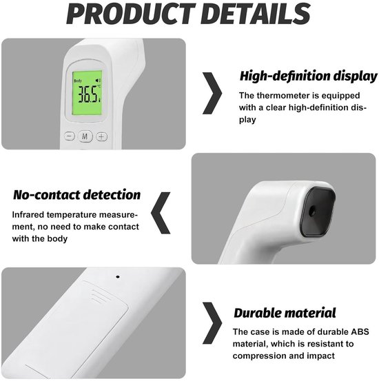 Voorhoofdthermometer, Infrarood Digitale Contactloze Thermometer met HD-scherm voor Volwassenen, Kinderen, Baby, Wit ABS-materiaal — afbeelding 5