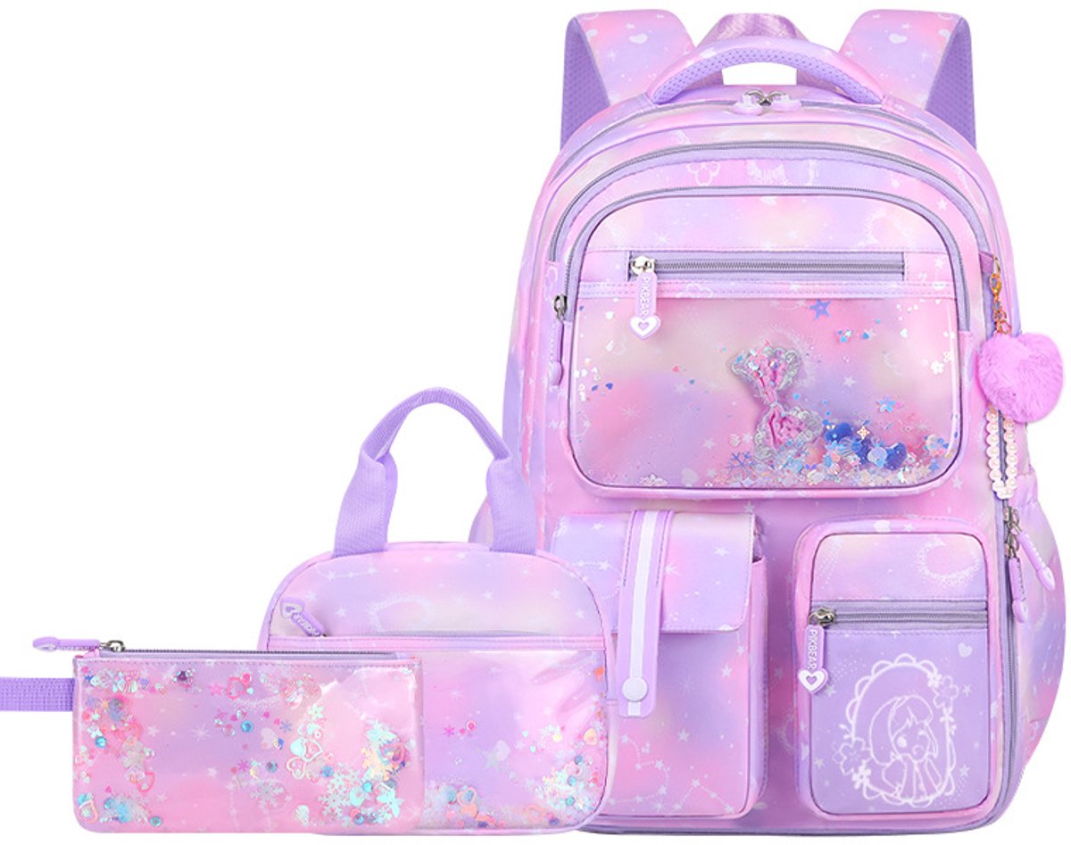 Bobypet - Rugzak meisje - Schooltas meisje - Tiener rugzak - 25L - Inclusief etui en dinertas - Lichtgewicht - Waterafstotend - Grote capaciteit - Voor basisschool en middelbare school - 45*32*18cm - 3-delige set - Paars