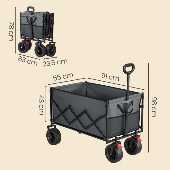 Opvouwbare bolderwagen - Transportwagen 200 liter - Handkar met handvat - 55 x 91 x 98 cm - Grijs — afbeelding 3